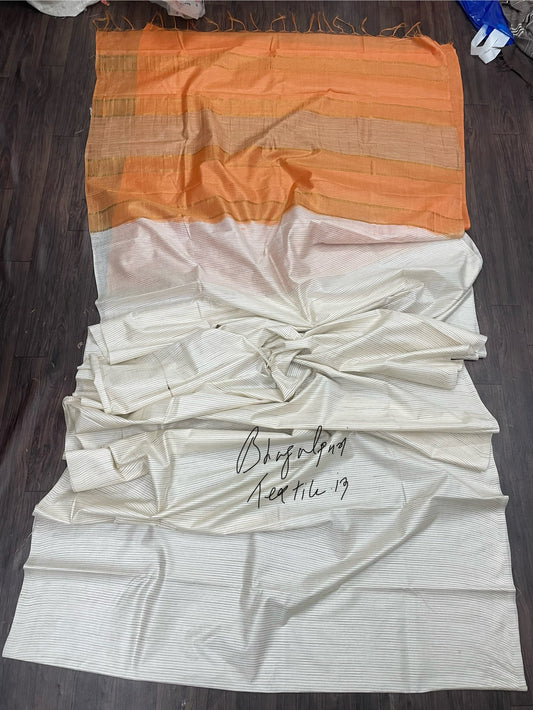 Bhagalpuri soft silk creamish orange saree for women, lightweight and elegant for party and festive occasions