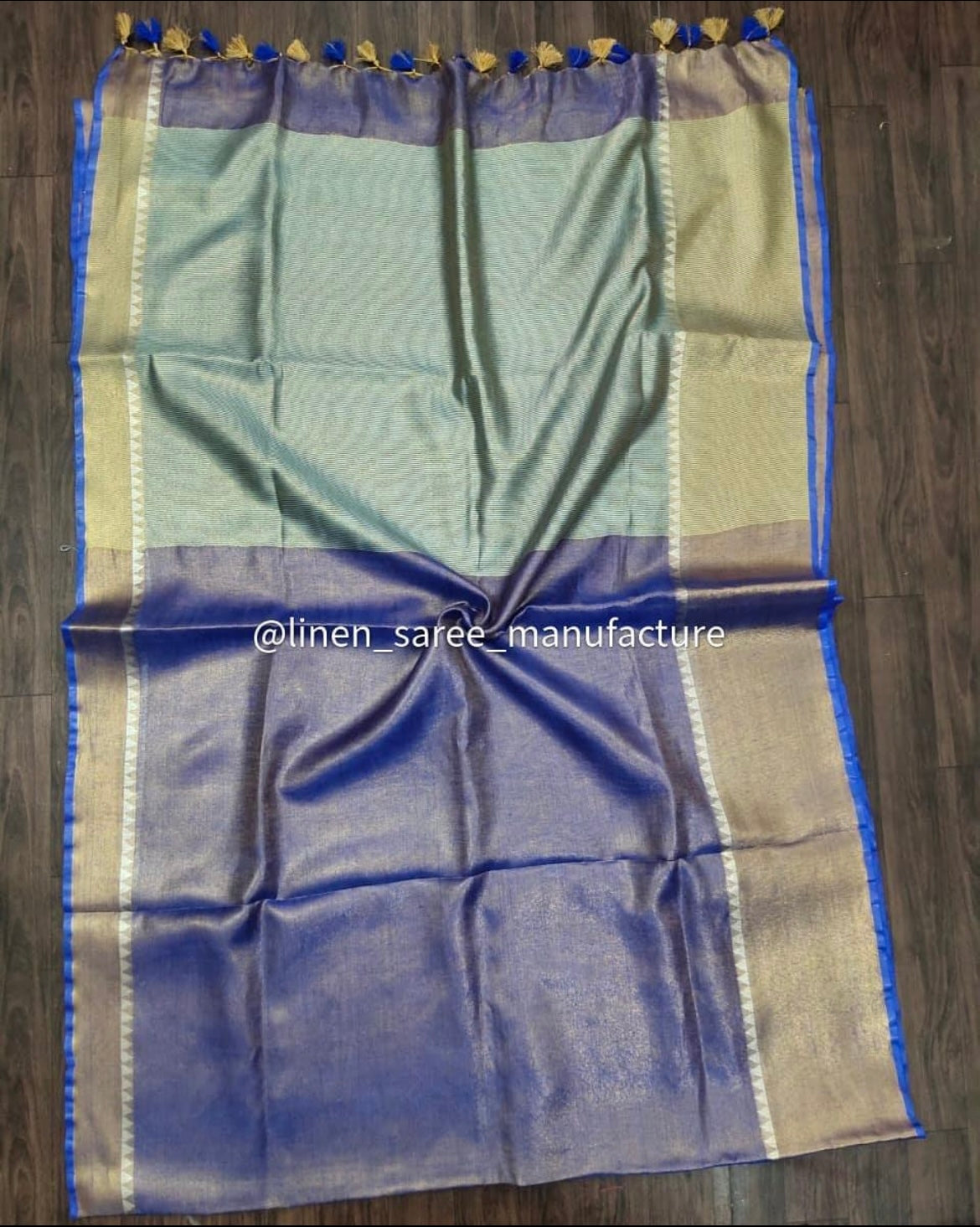 Soft tealish blue linen tissue saree with temple design border premium ethnic saree India