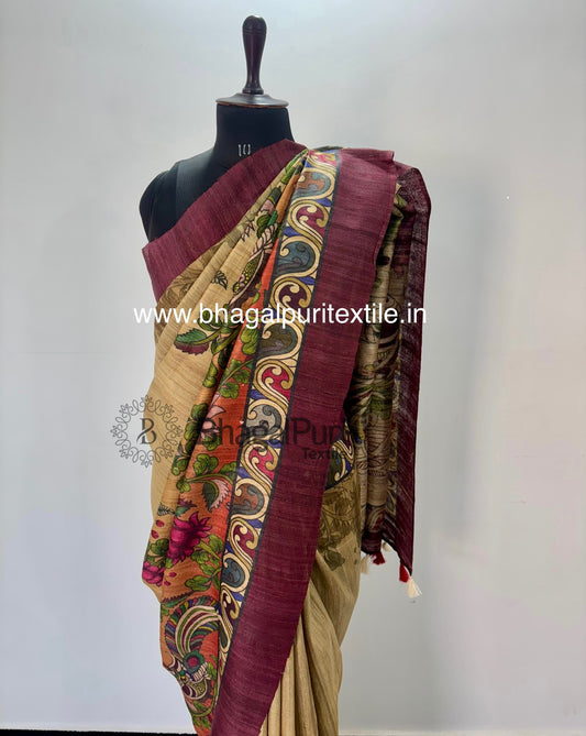 Bhagalpuri Tussar silk saree with intricate digital prints, handwoven texture, and natural golden hue β ideal for festive, wedding, and ethnic occasions.