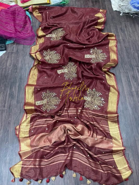 Pure Linen Hand Cutwork Tree Embroidered Saree(Search Code-10135)