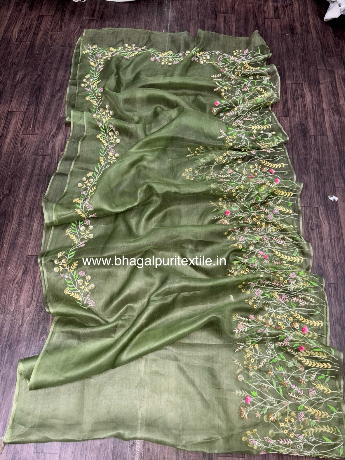 Luminous Leaf Lattice Organza Silk Hand Embroidered Saree Green (Search Code:-1023)