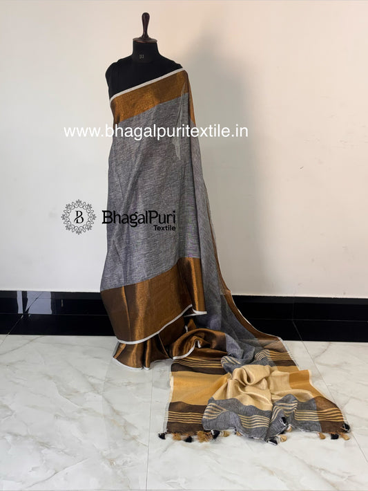 Pure Linen Saree with Metallic Gold Border (Search code-10173).