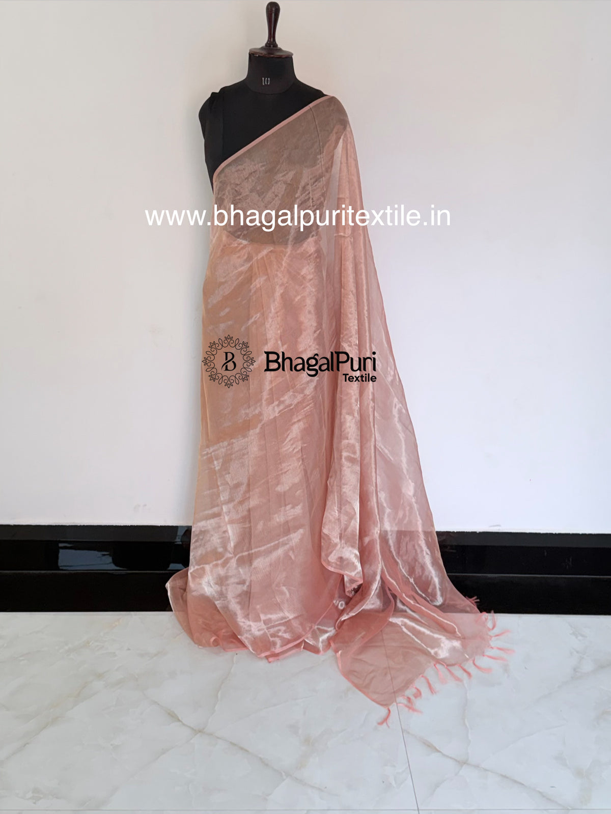 Powder Pink Glass Tissue Silk Saree with Running Blouse 1m (Search Code-10159).
