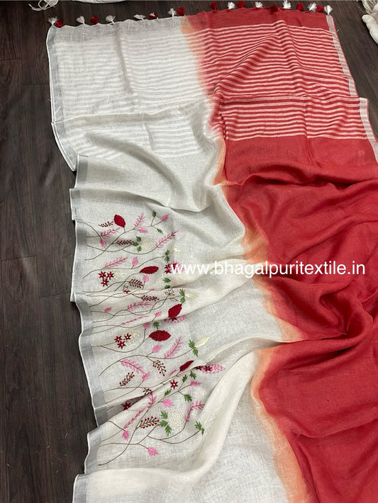 Twilight Elegance Red & White Dual Tone Hand Embroidered Linen Saree. (Search Code-1033)