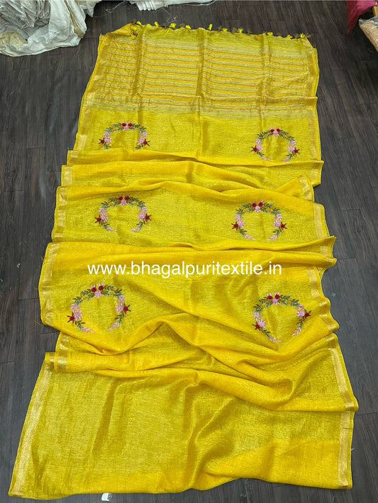 Linen Soft Silk Chand Fench Knot Hand Embodried Saree(Searc Code-10151)