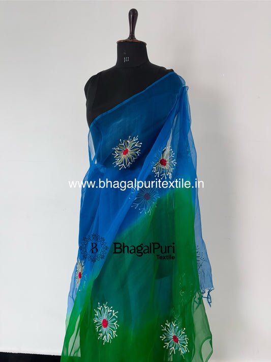 Dual tone organza saree with delicate hand embroidery work β perfect party wear saree