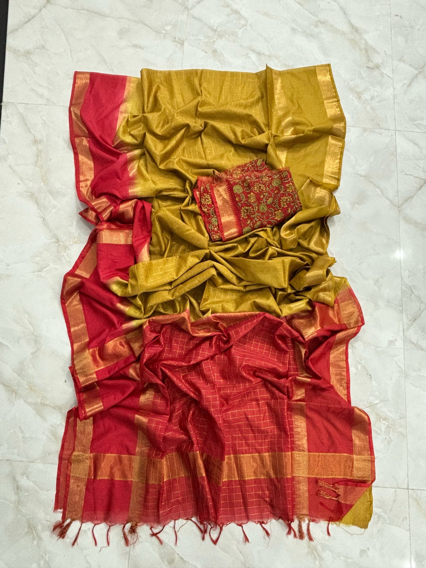 Mangalgiri Cotton Silk Saree With Printed Blouse(Search Code-10153)