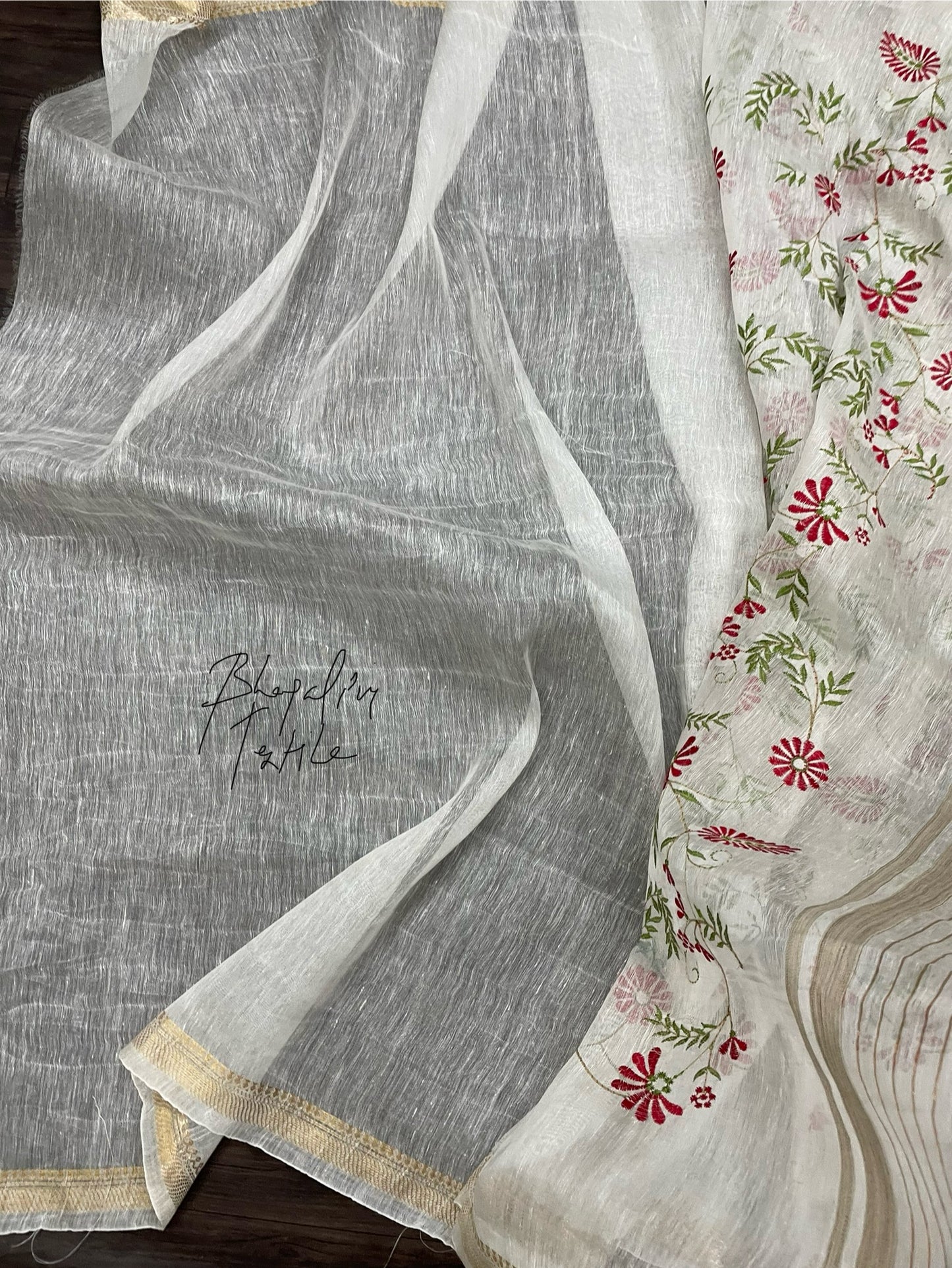 Silk Linen Digital Embroidered Saree White (Search Code -1017)