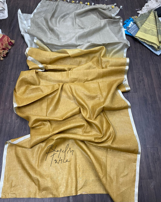 Linen Dual Tone Turmeric Warm Grey Saree(Search Code-10113)