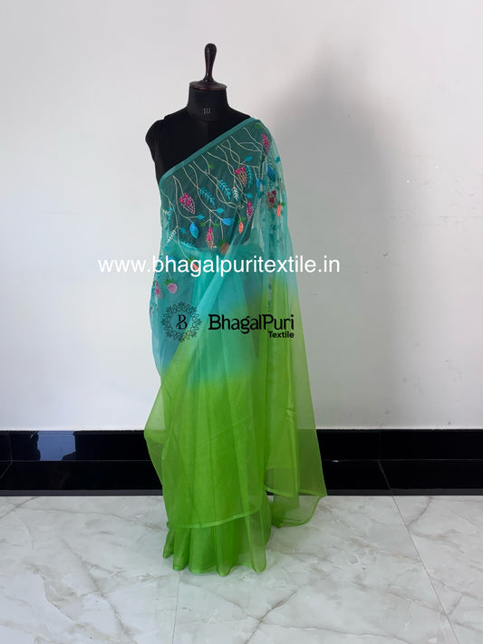 Mauve saree with green hand embroidery and matching blouse β elegant ethnic wear for festive and wedding occasions