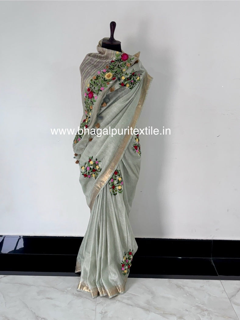Karigari Saaz – Linen Silk Handwork Saree With Running Blouse 1M (Search code-1082)