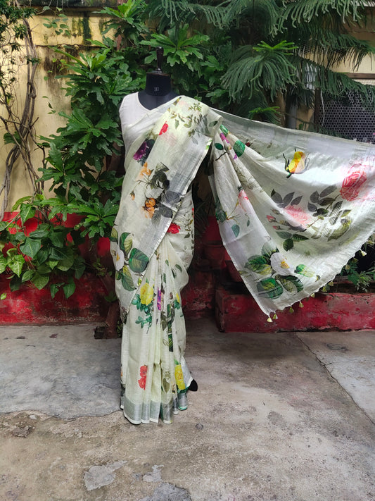 Linen Bunchy Flower Digita Print Saree(Search Code-10134)
