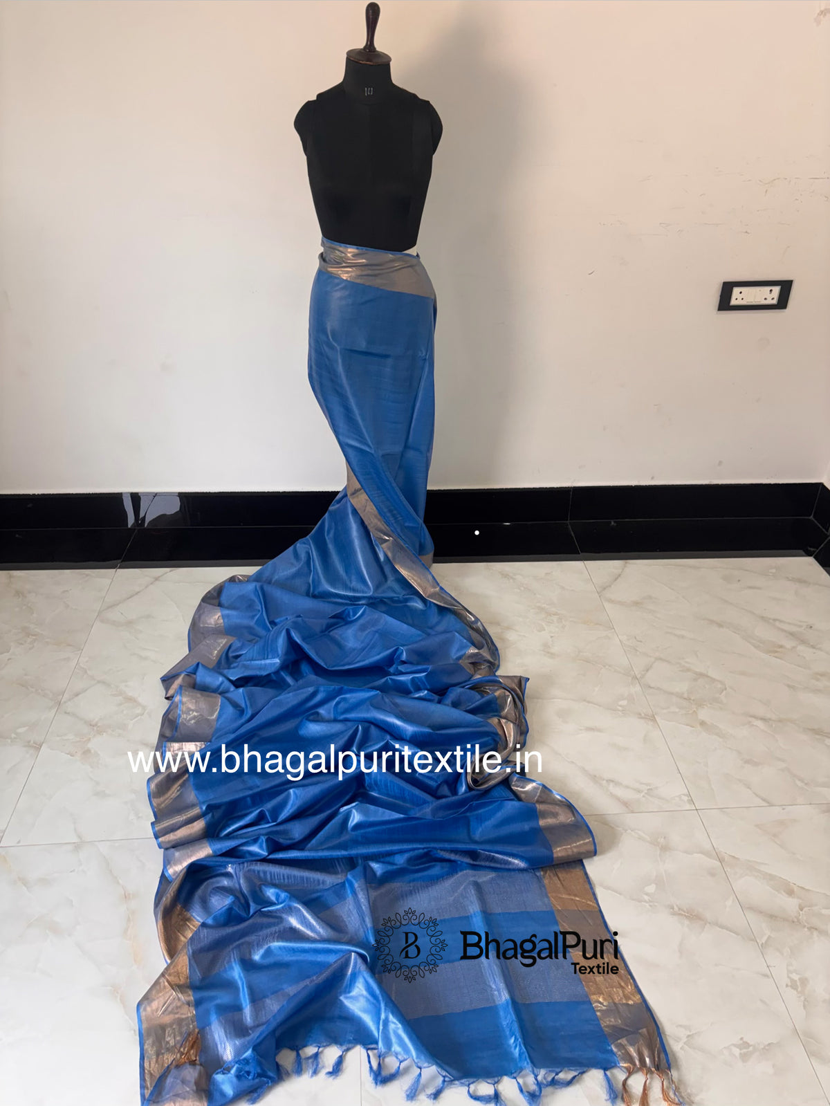 Majestic Blue Tussar Silk Saree With Running Blouse 1 m (Search Code-1039)