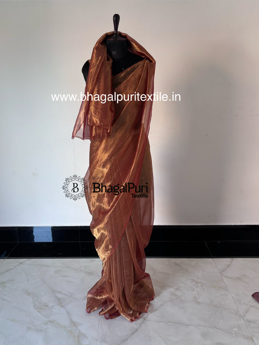 Red tissue silk saree with 1 meter running blouse piece, elegant designer party wear tissue silk saree.