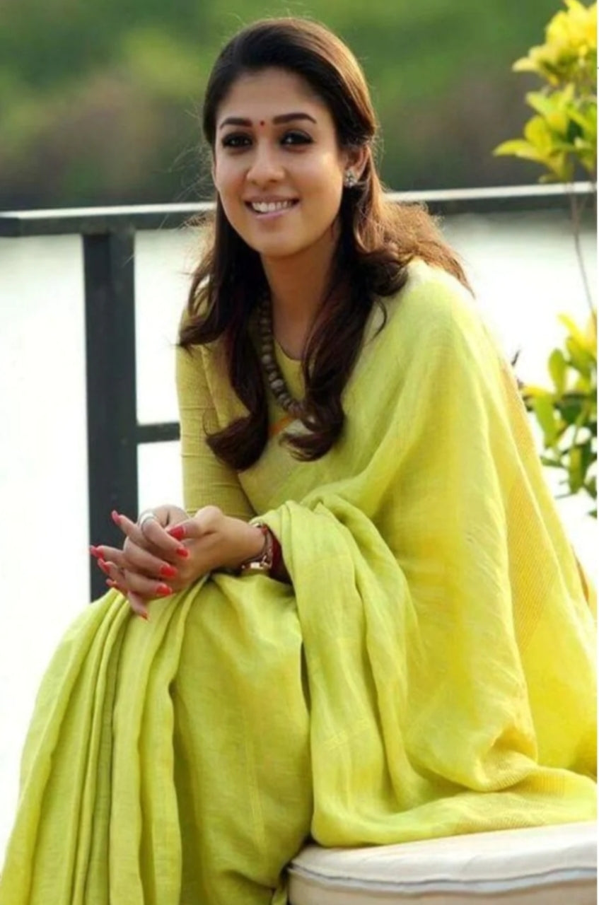 Lemon Yellow Linen Saree(Search Code-10126)