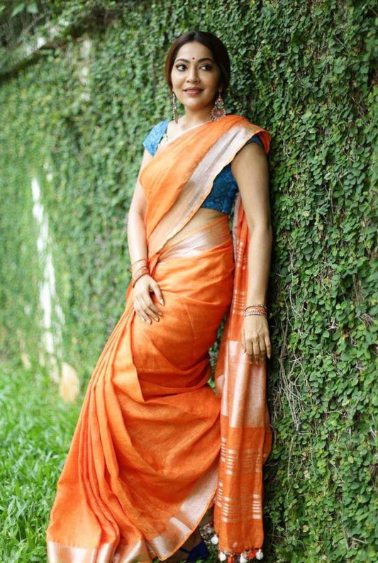 Orange Linen saree(Search Code-10122)