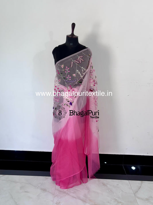 white and pink organza saree
floral handwork
festive and wedding wear