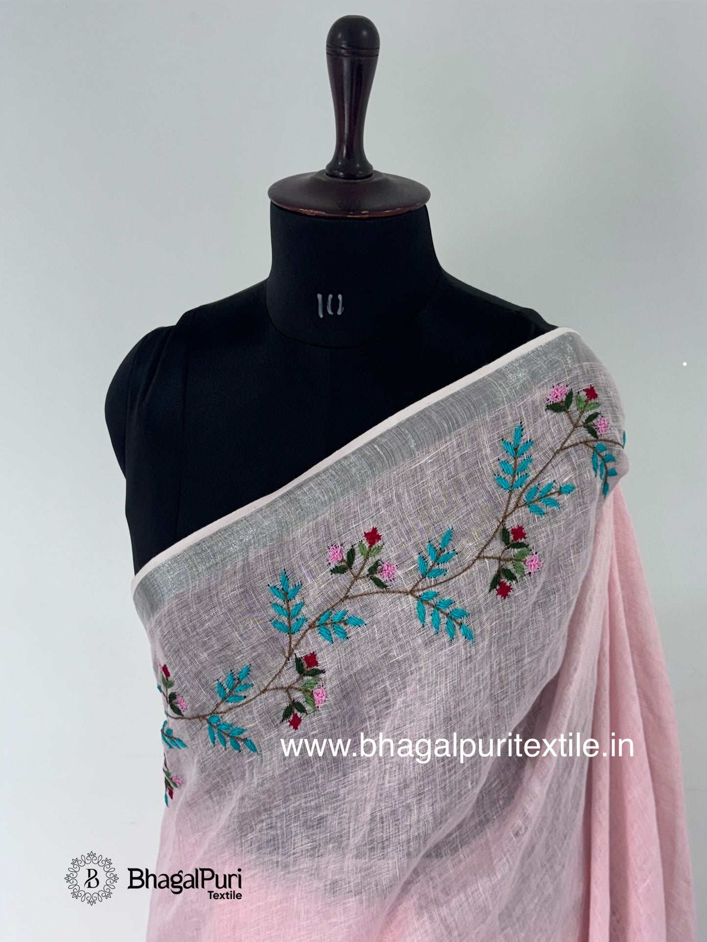 Rose Petal Hand Embroidered Linen Saree (Search Code-1044)