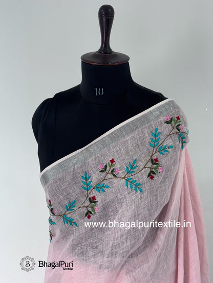 Rose Petal Hand Embroidered Linen Saree (Search Code-1044)