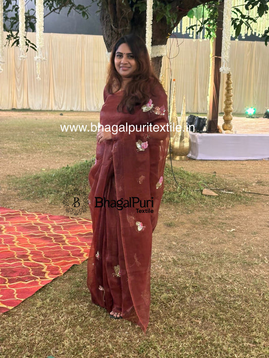 Coffee BrownDew Butterfly Organza Saree (Search Code-10160)