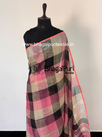 Pink Black Check Linen Saree Handwoven Plain Linen Sari For Women With Running Blouse 1M (Search code-10176).