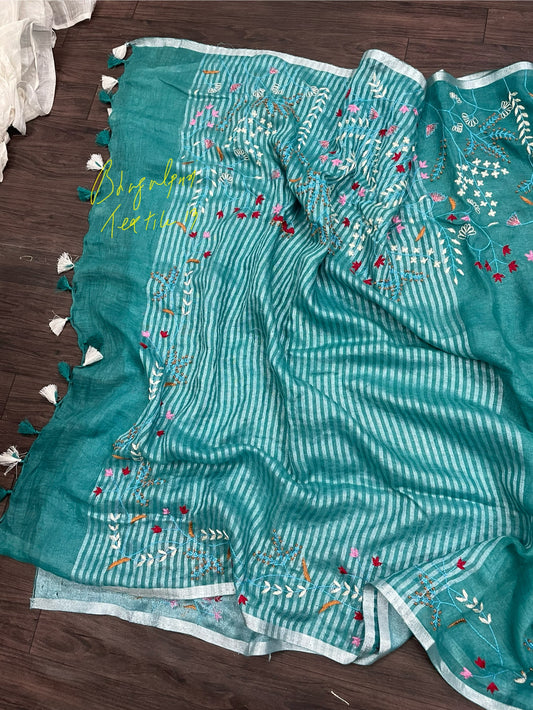 Fountain Blue Linen Hand Embroidered Saree & Blouse (Search Code-1013)