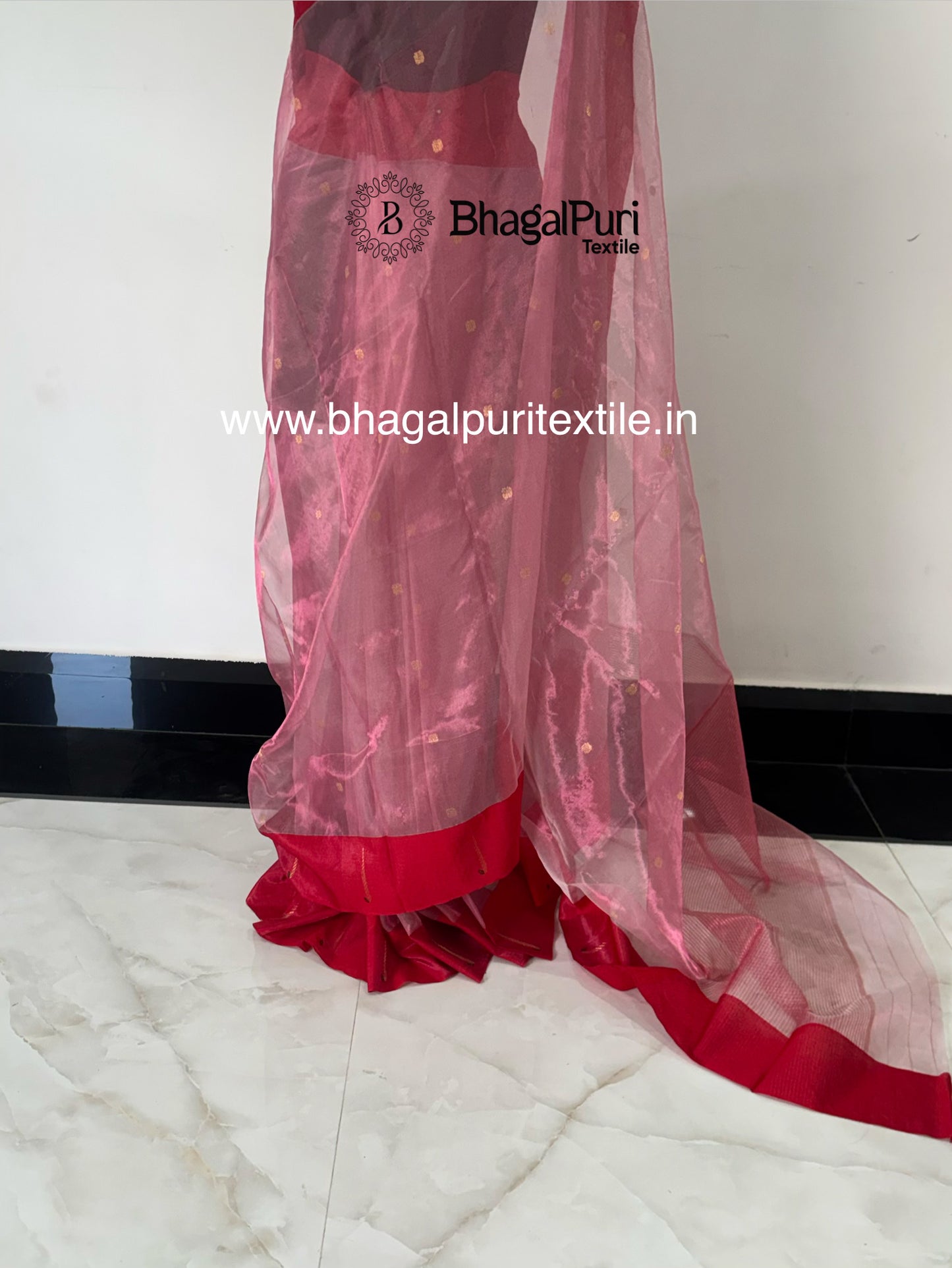 NoorVastra Handloom Premium  Tissue Silk Rose Pink Saree With Running Blouse 1M.(Search Code-10188)