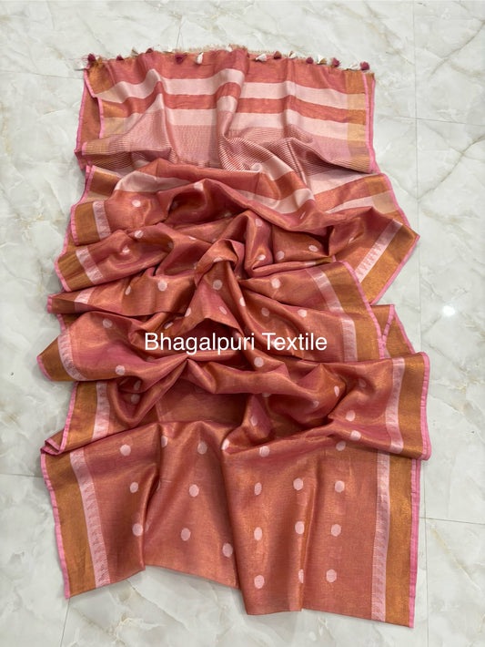 Polka Dot Linen Tissue Saree With Temple Border (Search Code-1057)