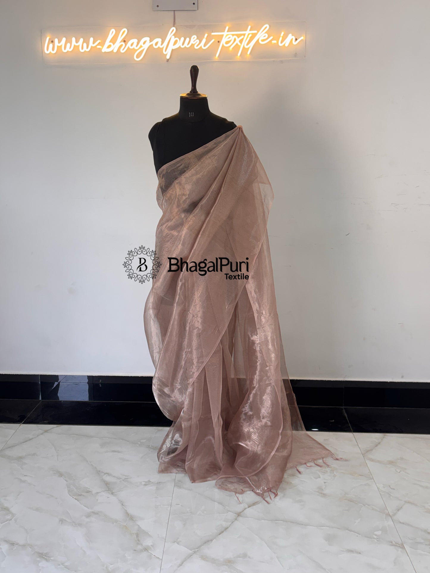 Ayla Champagne Rose Glass Tissue Silk Saree (Search code-10159).