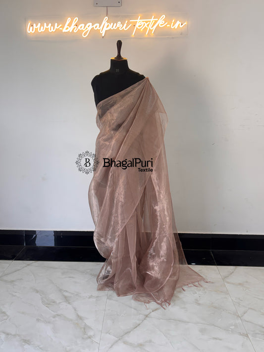 Ayla Champagne Rose Glass Tissue Silk Saree (Search code-10159).