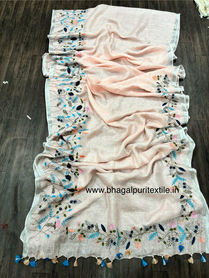 Rose Blush Elegance Linen Hand Embroidered Saree
