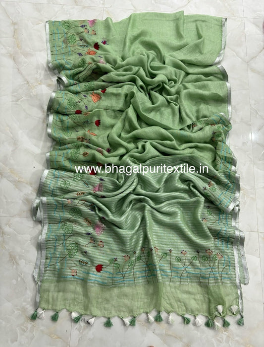 Pista Green Linen Hand Embroidered 4M Work Saree (Search Code-1052)
