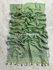 Pista Green Linen Hand Embroidered 4M Work Saree (Search Code-1052)