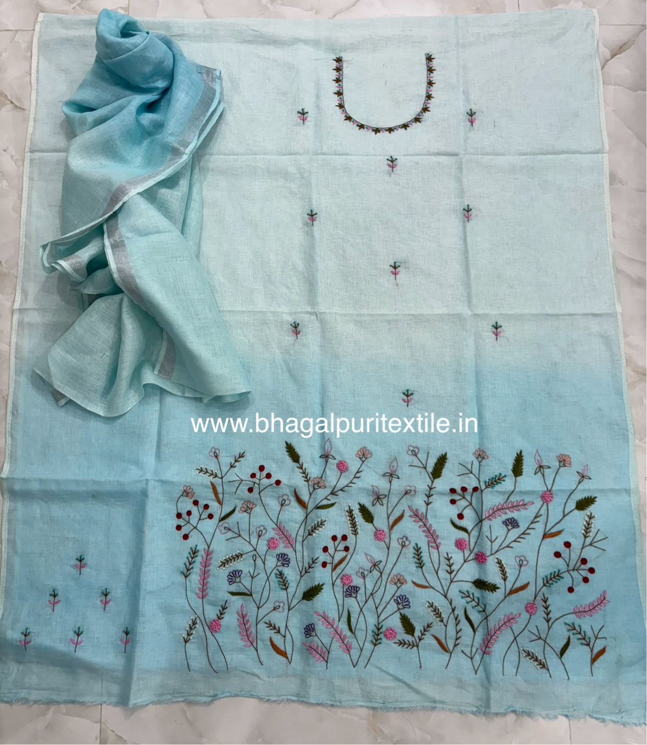 Linen Hand Embroidered Multi Color Dress material With dupatta (Search Bhagalpuri Textile Linen Hand Embroidered Multi Color Dress material With dupatta (Search Bhagalpuri Textile