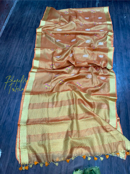 Tissue Linen Digital Embroidered Saree (Search Code - 10104)
