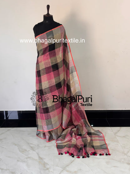 Pink Black Check Linen Saree Handwoven Plain Linen Sari For Women With Running Blouse 1M (Search code-10176).