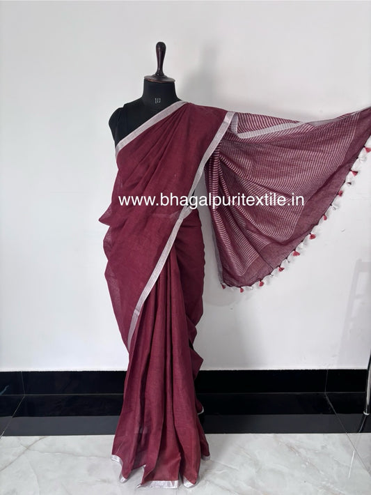 Tana Bana Linen Saree With Contrast Blouse 1 m (Search code-1080)