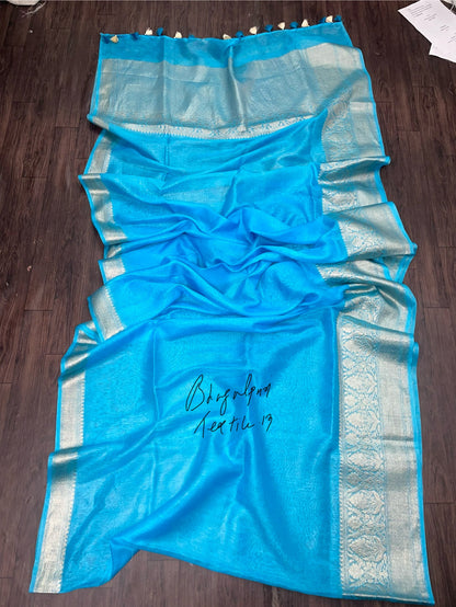 Linen Silk Banarasi Saree Tourquish(Search Code-10151)