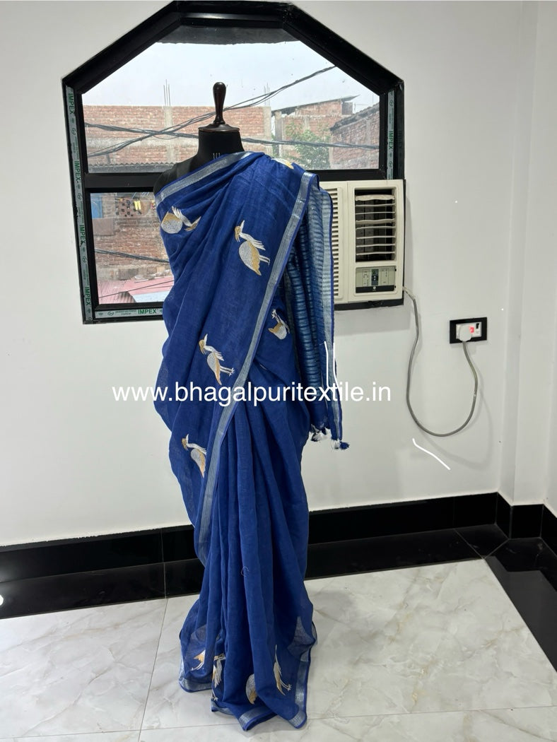 Linen Heron Hand work Embodied Saree ( Search Code-1070)