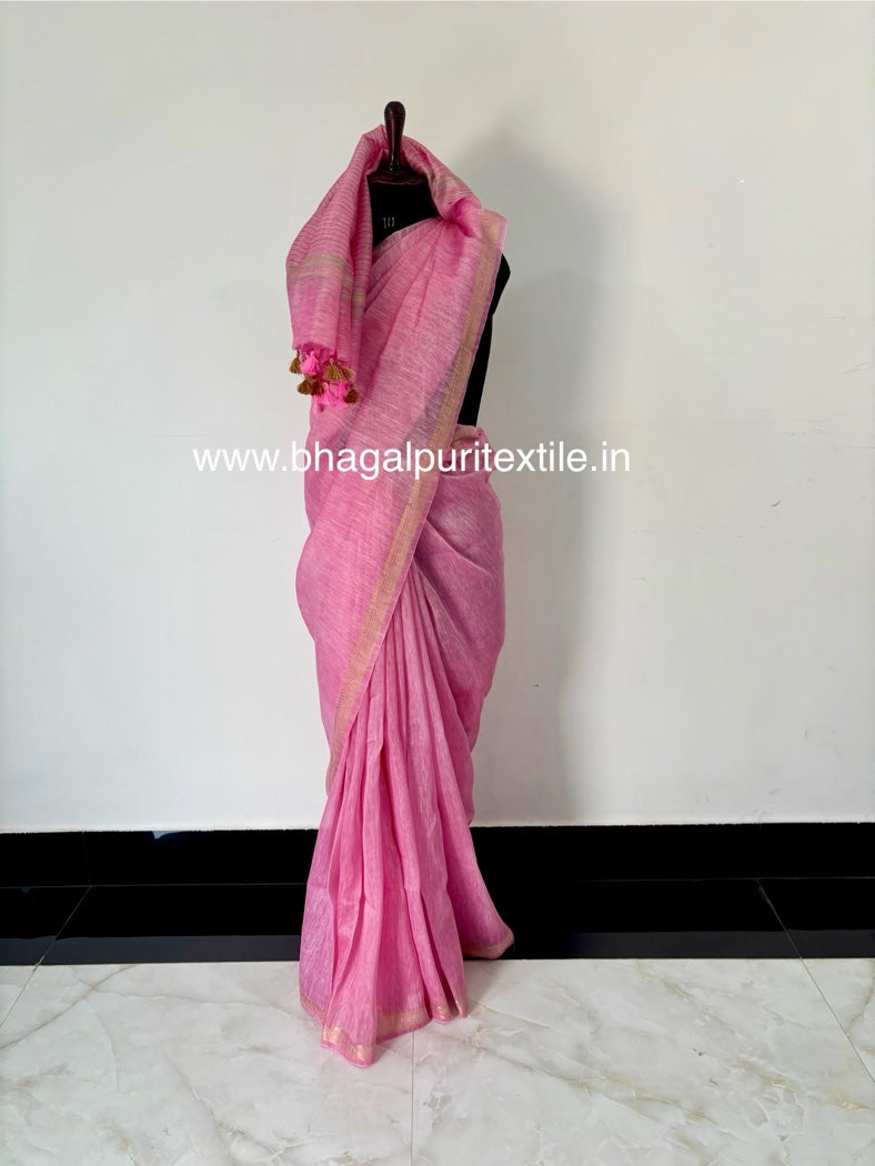 Gulaabi Noor Pure Silk Linen Dobi Zari Saree (Search Code-1077)