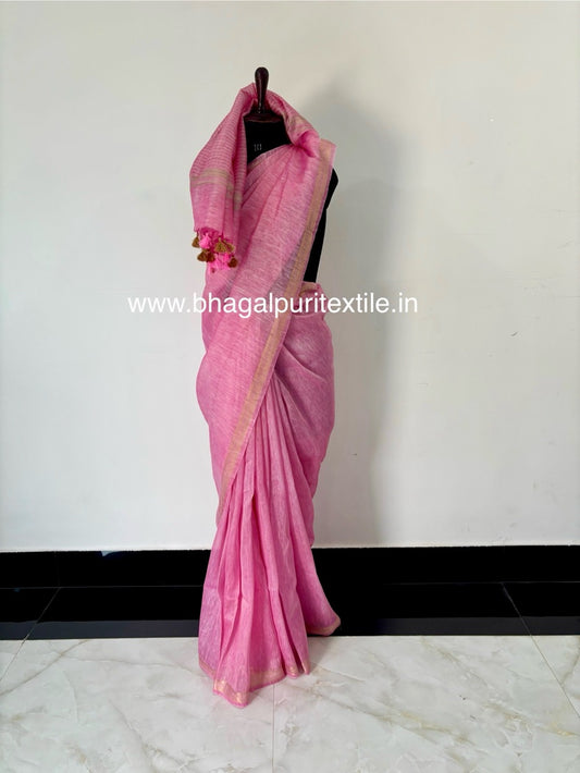 Gulaabi Noor Pure Silk Linen Dobi Zari Saree (Search Code-1077)