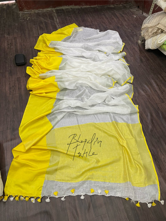 Maha paar yellow linen saree