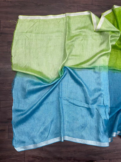 Green and Pacific Blue Dual Tone Saree Linen Hand Embroidered Saree (Search Code-1029)