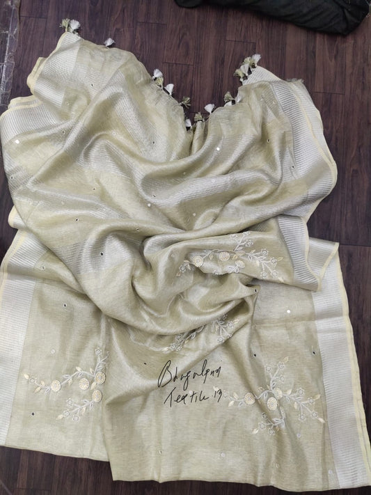 Tissue Linen Hand Embroidered Saree (Search Code -1006)
