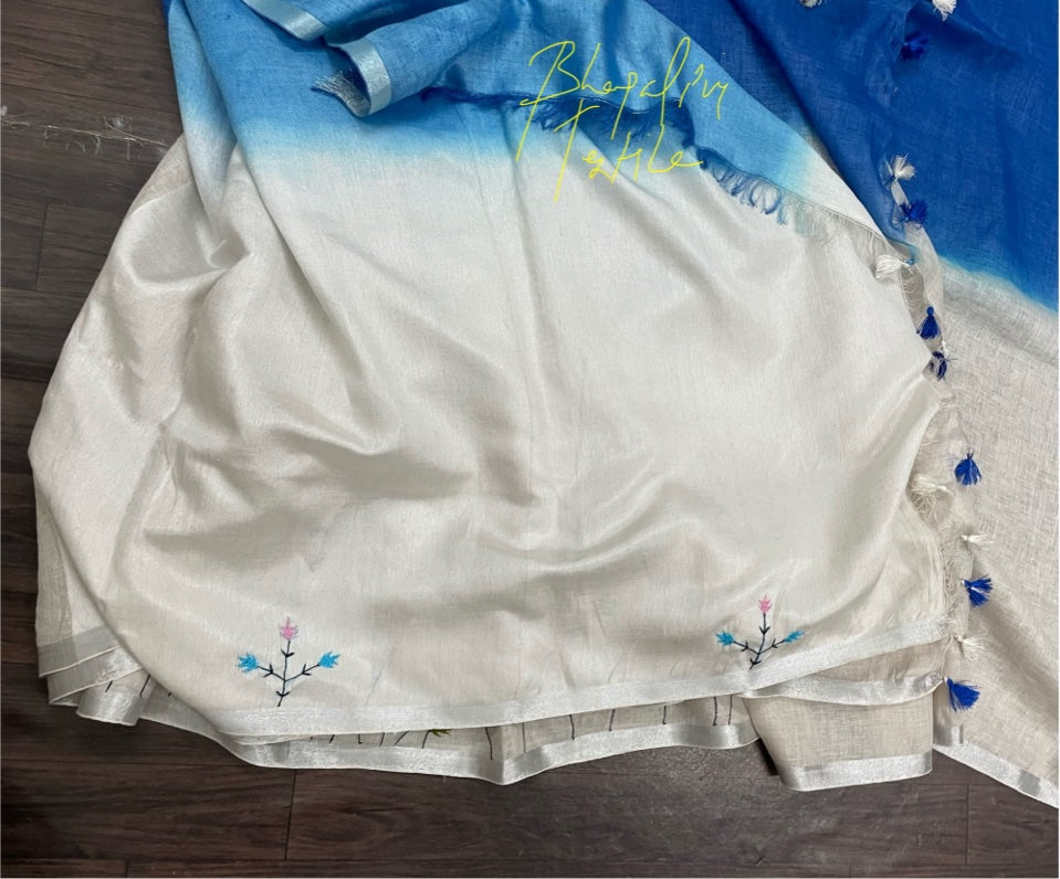 Linen White & Blue Dual Shade Fench knot Hand embroidered Saree (Search Code 1032)