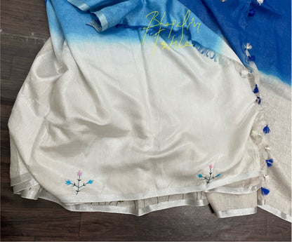 Linen White & Blue Dual Shade Fench knot Hand embroidered Saree (Search Code 1032)