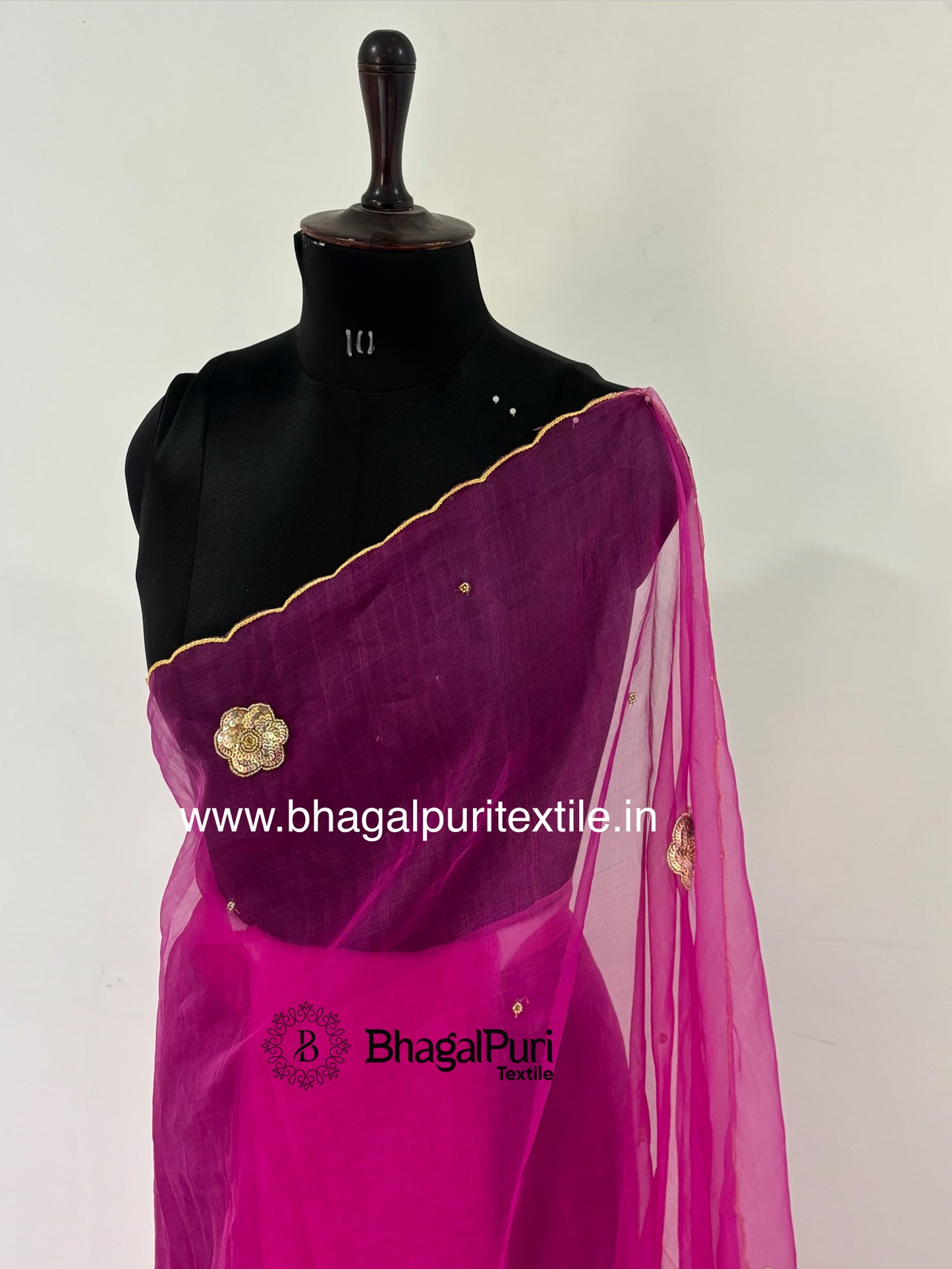 Gulnaar Bloom Magenta Pink Organza Handwork Saree with Floral Sequins & Scalloped Border (Search Code-10191).