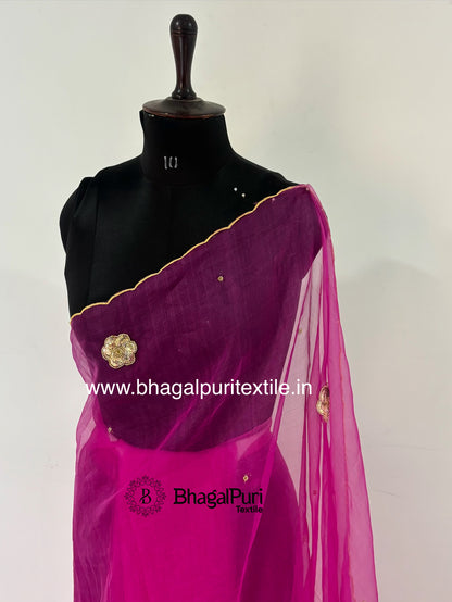 Gulnaar Bloom Magenta Pink Organza Handwork Saree with Floral Sequins & Scalloped Border (Search Code-10191).