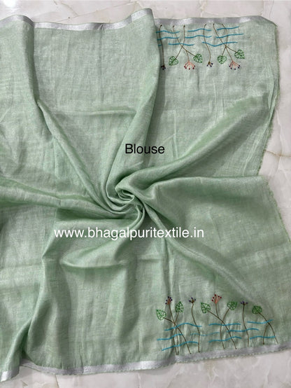 Pista Green Linen Hand Embroidered 4M Work Saree (Search Code-1052)