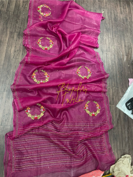Organza fenchknot hand embroidered saree